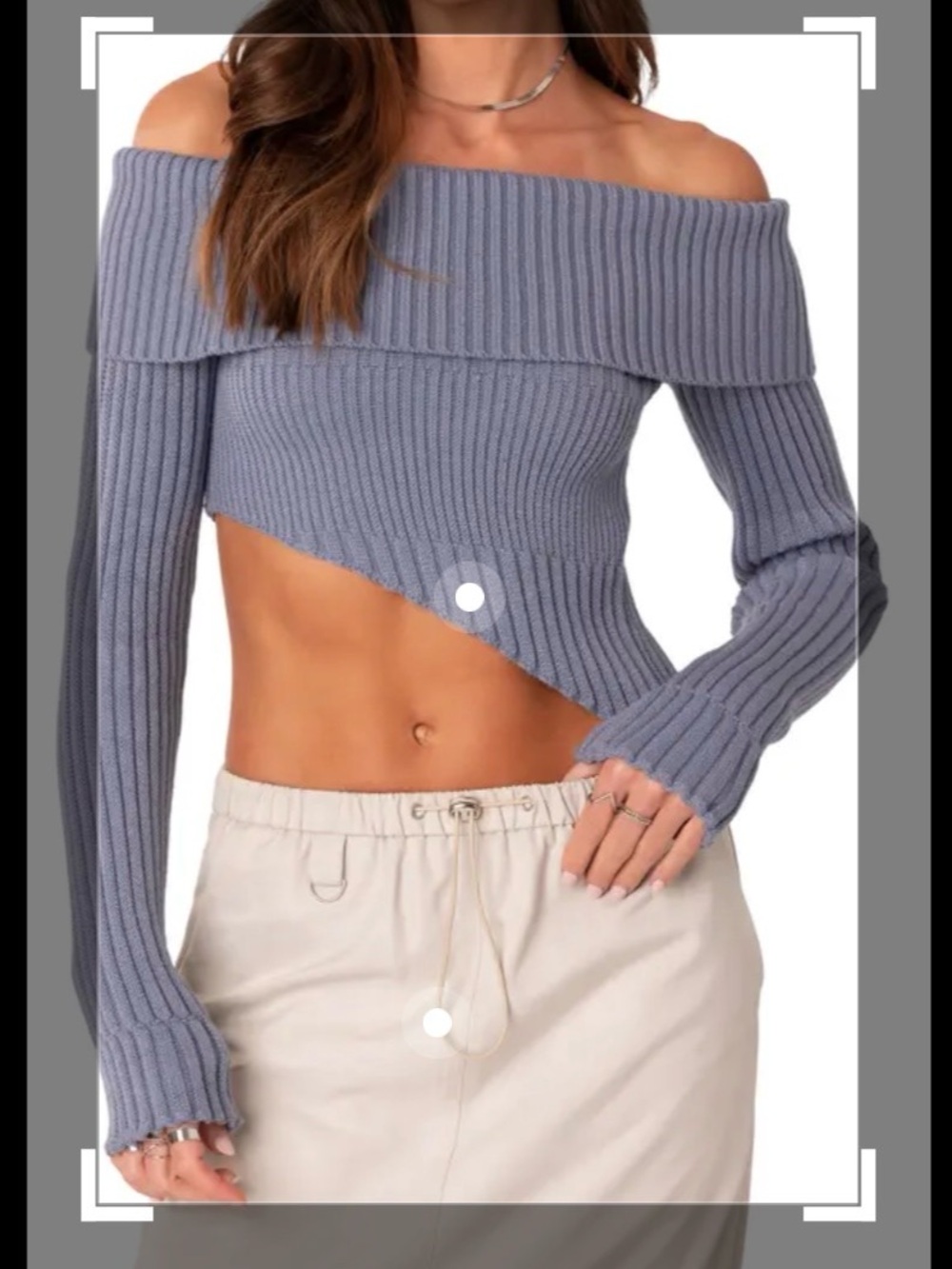 Edikted Women’s Asymmetric Off-Shoulder Ribbed Sweater Dusty Blue Large - Picture 1 of 11
